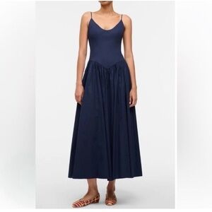 STAUD Dena Dress drop waist poplin maxi in navy blue cotton size 6